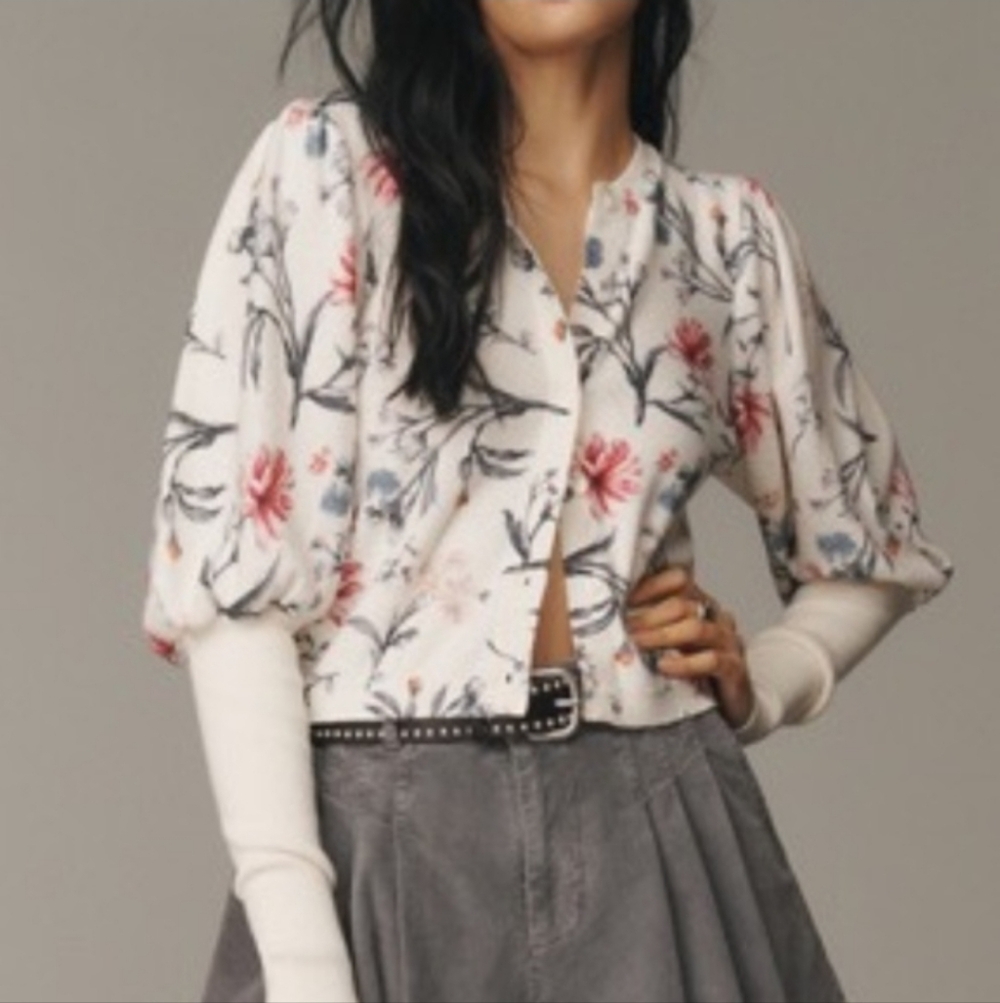 ANTHROPOLOGIE Lightweight Cashmere Feminine Floral Cropped Cardigan Ivory S NWT